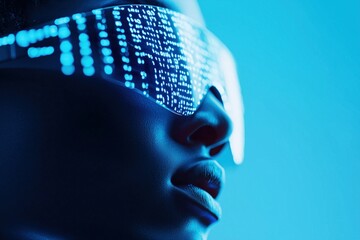 Cybersecurity expert in futuristic aesthetics with neon blue themes and digital elements