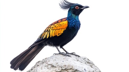 Fototapeta premium Colorful bird perched on rock, isolated background, wildlife photography, nature stock