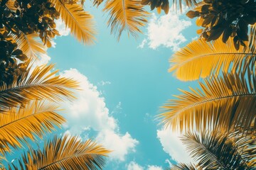 Bright blue sky framed by vibrant golden palm leaves on a sunny day in a tropical paradise