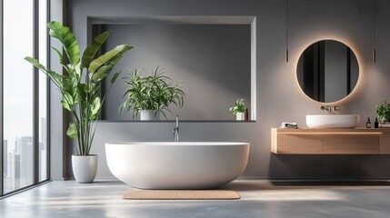 Fototapeta premium Modern Bathroom Design with Bathtub and Indoor Plants for Relaxation