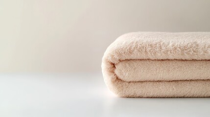 Closeup of a folded white towel on white surface, emphasizing its soft texture and neat folds