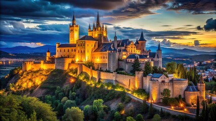 Illuminated Segovia Alcazar: a majestic Spanish fortress at night.