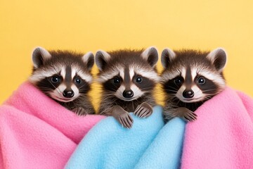 Playful raccoon siblings wrapped in colorful blankets resting together against a bright background