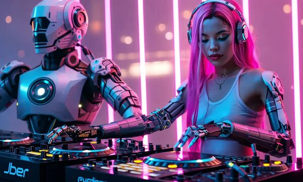 Robotic DJ and cyber performer showcase on stage at an electronic music event in a vibrant city setting
