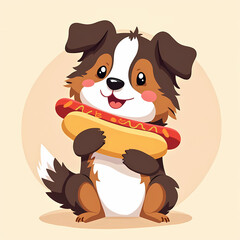 Obraz premium Cute Australian Shepherd Dog Hug Hotdog Cartoon Vector Icon Illustration Animal Food Isolated Flat