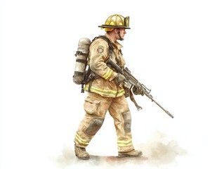 Obraz premium Firefighter equipped with rifle and helmet, ensuring safety protection in emergency situations
