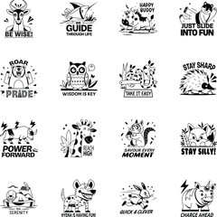 Set of Glyph Style Animal Character Stickers
