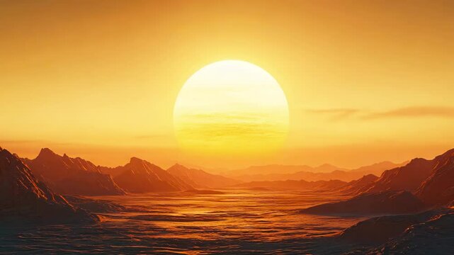 Surreal Golden Sun Setting Over Barren Mountains  - made with Generative AI