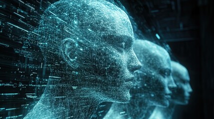 Futuristic Digital Network Connections with Abstract Human Icons Displayed on Holographic Interface for AI and Technology Concepts in a High-Tech Background -