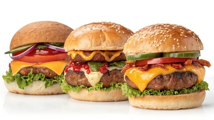 Three Gourmet Cheeseburgers with Fresh Toppings and Melted Cheese