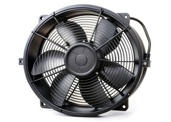 Isolated on white, a rugged black motor fan&acirc;&euro;&rdquo;an automotive component&acirc;&euro;&rdquo;demonstrates industrial strength, rule of thirds framing.