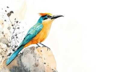 Fototapeta premium Colorful bird perched on rock, watercolor style, nature background, wildlife art