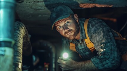 Man Inspecting Dark Space with Flashlight in Construction Area