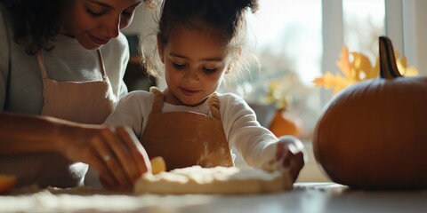 A charming autumnal moment of a mother and her young daughter baking a homemade apple pie in a rustic farmhouse kitchen