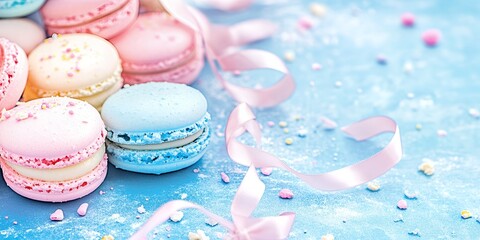 Obraz premium Delicious Pastel Macarons with Pink Ribbon on Blue Background Sweet Treats Confectionery Dessert