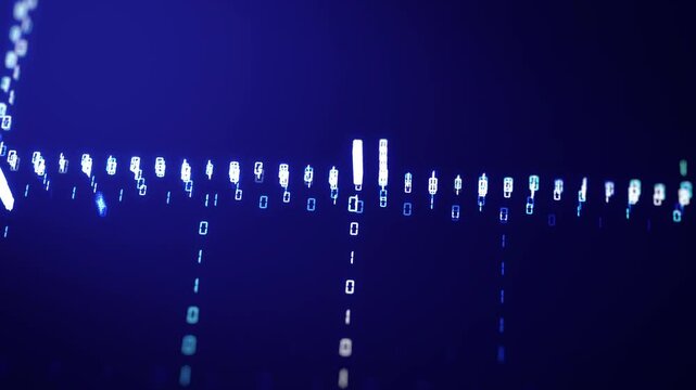 Abstract digital data visualization with a network of binary code and geometric patterns on a dark blue background.