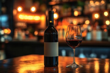 A bottle of red wine and a glass on a wooden table in a dimly lit bar, creating a warm and inviting atmosphere.