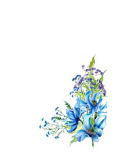 Blue and purple watercolor flowers, green leaves. corner frame on white background. Romantic floral frames. Wedding, holiday template. Poppies.