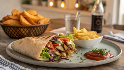 A Delicious Grilled Flatbread Wrap with Savory Filling, Served with Crispy Potato Wedges and French Fries, and a Side of Tangy Ketchup