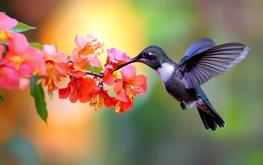 A hummingbird hovers near vibrant pink flowers, sipping nectar against a colorful blurred background.