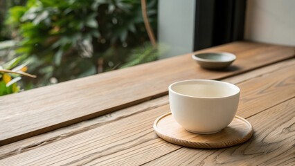 A serene moment a single cup of tea rests on a wooden coaster, near a small dish, on a rustic wooden table beside a window with a blurred view of greenery.