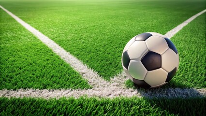 Classic soccer ball on lush green grass with white lines, athletic field, outdoor play