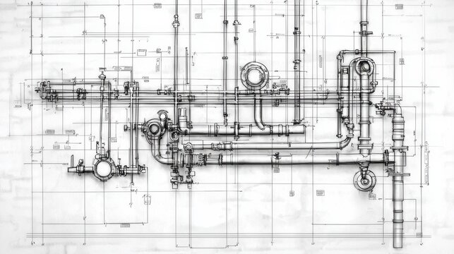Blueprint of Industrial Plumbing System with Technical Specifications