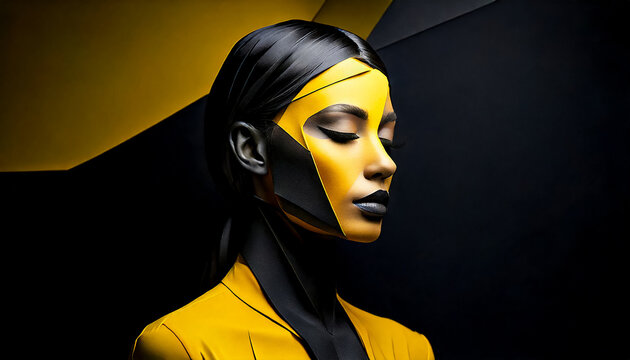 Abstract portrait of a woman made in yellow and black tones in origami style, minimalism