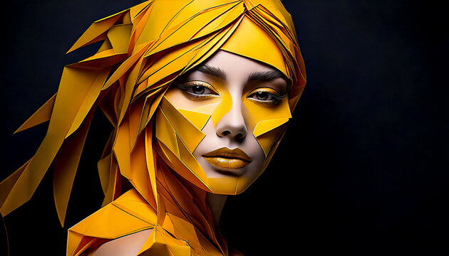 Abstract portrait of a woman made in yellow and black tones in origami style, minimalism
