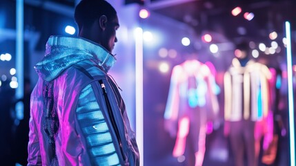 An engineer at a high-tech fashion runway, inspecting smart fabrics and LED-embedded clothing. The runway is lit with colorful lights and futuristic designs.