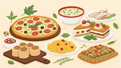 A Delicious Spread of Italian-Inspired Cuisine Featuring Pizza, Pasta, Soup, Cake, and Savory Bites