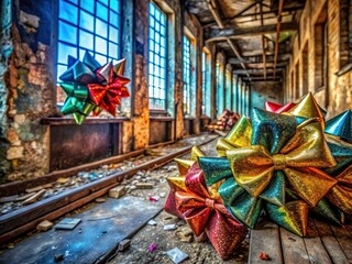 Naklejka premium Lost treasures amidst grunge décor; vintage bows and derelict elegance define urban exploration's decaying charm.