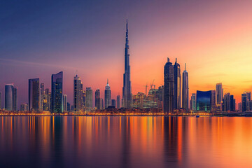 Obraz premium Vibrant city skyline illuminated by orange sky during twilight with impressive architecture reflecting in water