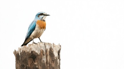 Colorful bird perched on weathered wood post, white background, nature scene, wildlife photography