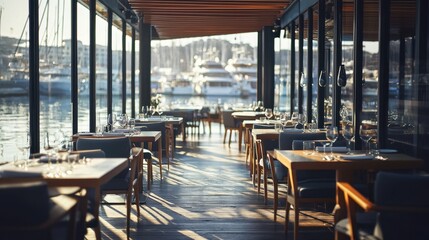 Fototapeta premium Elegant Dining Space with Scenic View of Marina and Sailboats