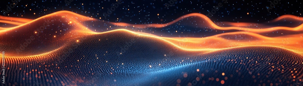 Poster computer screen displaying colorful wave pattern on a black background in a modern workspace