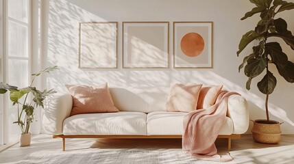 A modern living room with white walls and furniture, featuring natural light pouring in from large...