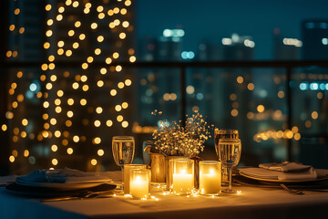 Romantic rooftop dinner setup with candles and city lights at night