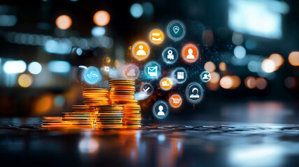 Digital concept of cryptocurrency investment with virtual icons floating above glowing gold coins and a blurred cityscape in the background