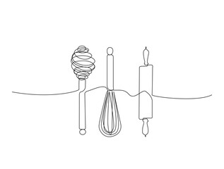 Continuous one line drawing of kitchen mixer whisk and rolling pin. Balloon whisk and rolling pin bakery in single line draw illustration. Editable stroke.