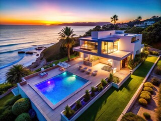 Fototapeta premium Luxury coastal villa's aerial view: modern architecture, infinity pool, oceanfront location bathed in blue hour's magic.
