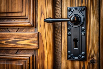 Fototapeta premium Black door hardware detail against a rustic wooden door. Space for your message.