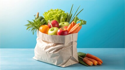 A paper bag brimming with fresh produce, including vibrant carrots, crisp apples, and leafy greens, presents a healthy and delicious bounty.
