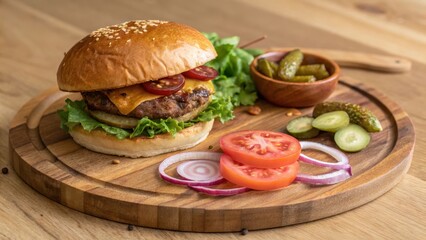 Juicy Beef Burger on Wooden Board with Fresh Tomato and Onion Slices