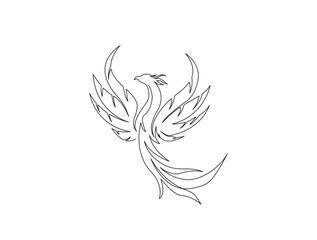 Continuous one line drawing of flying phoenix bird. Flaming phoenix bird in single line draw illustration. Editable stroke.