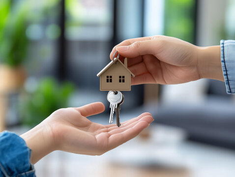 Hands exchanging a house key and wooden home model. Perfect image for real estate, loans, first time home buyers, and renting agreements. Minimalist concept.