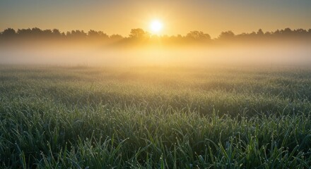 Sunrise over misty grass field with dew in serene countryside landscape
