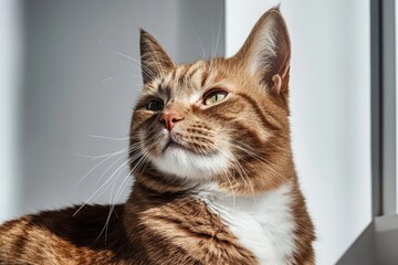 Obraz premium Brown tabby cat resting in sunlight near window with gentle shadows and a peaceful expression on a quiet afternoon