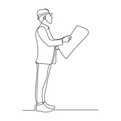 Continuous single line sketch drawing of male man architect construcstor building or angineer mechanic looking for  blue print paper professional occupation work one line vector illustration