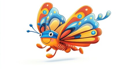 Fototapeta premium Colorful cartoon butterfly flying, white background, kids illustration